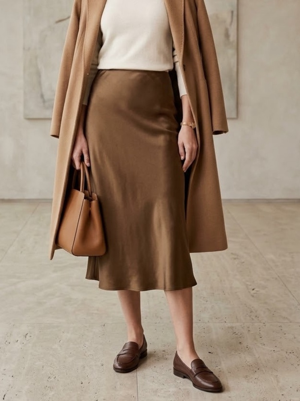 Banana Republic Bronze Brown Silk Bias Cut Midi Slip Skirt XSP Quiet Luxury